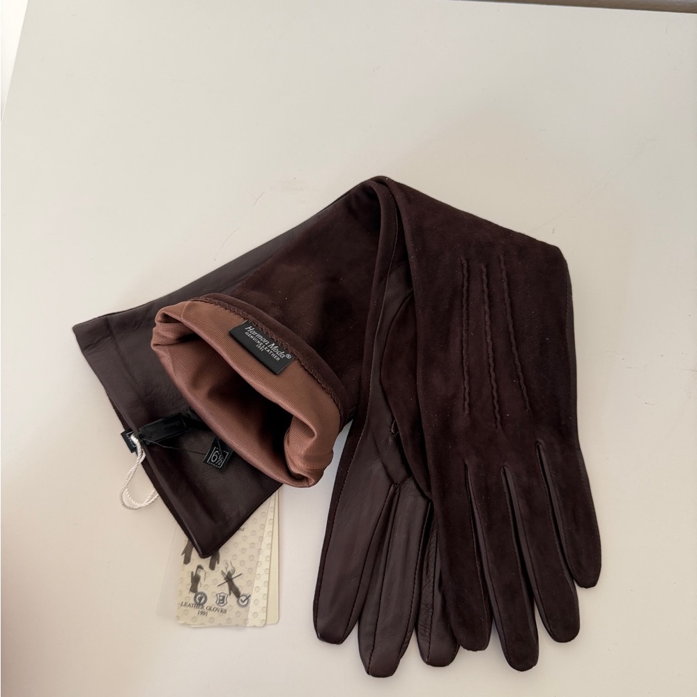 NWT Long Leather & Suede Opera Gloves Brown Premium 6.5 - Picture 7 of 10